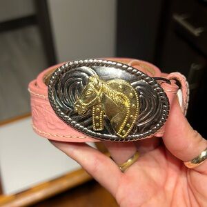 Kids Girls Nocona genuine pink leather horse belt buckle silver gold NFR Rodeo